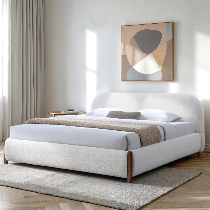 Omax Decor Valencia Upholstered Platform King Bed in White Cream Boucle Fabric