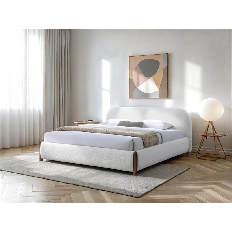 Omax Decor Valencia Upholstered Platform King Bed in White Cream Boucle Fabric