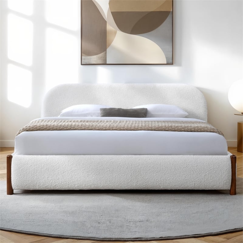 Omax Decor Valencia Upholstered Platform King Bed in White Cream Boucle Fabric