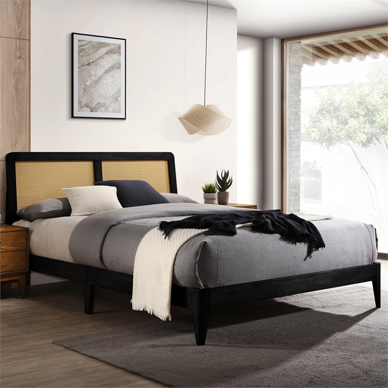 Omax Decor Liam Wooden Queen size Platform Bed with Rattan Headboard in Black