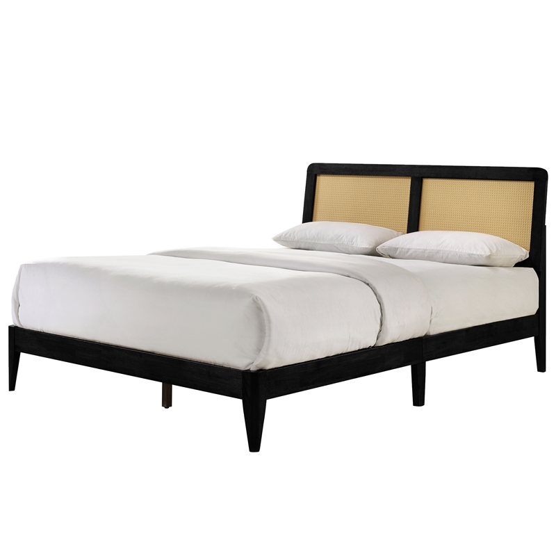 Omax Decor Liam Wooden Queen size Platform Bed with Rattan Headboard in Black