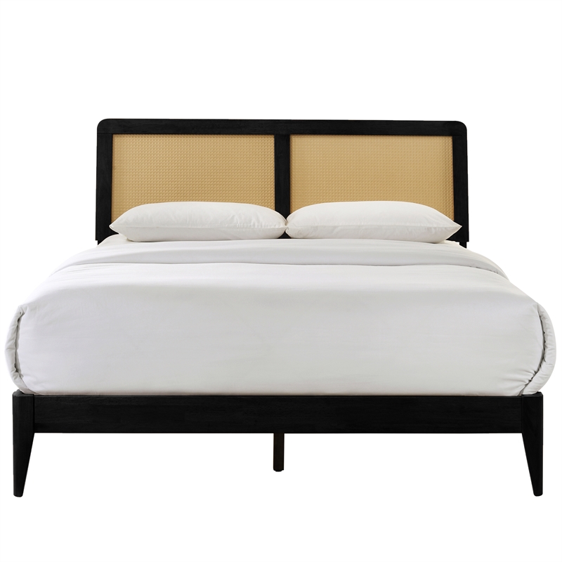 Omax Decor Liam Wooden Queen size Platform Bed with Rattan Headboard in Black