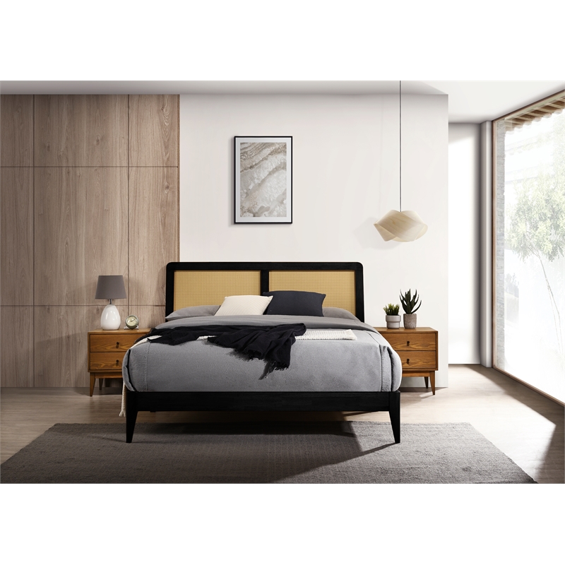 Omax Decor Liam Wooden Queen size Platform Bed with Rattan Headboard in Black