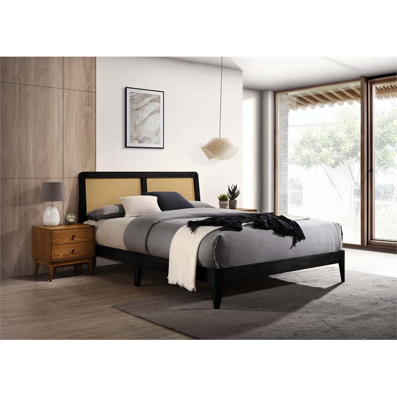 Omax Decor Liam Wooden Queen size Platform Bed with Rattan Headboard in Black
