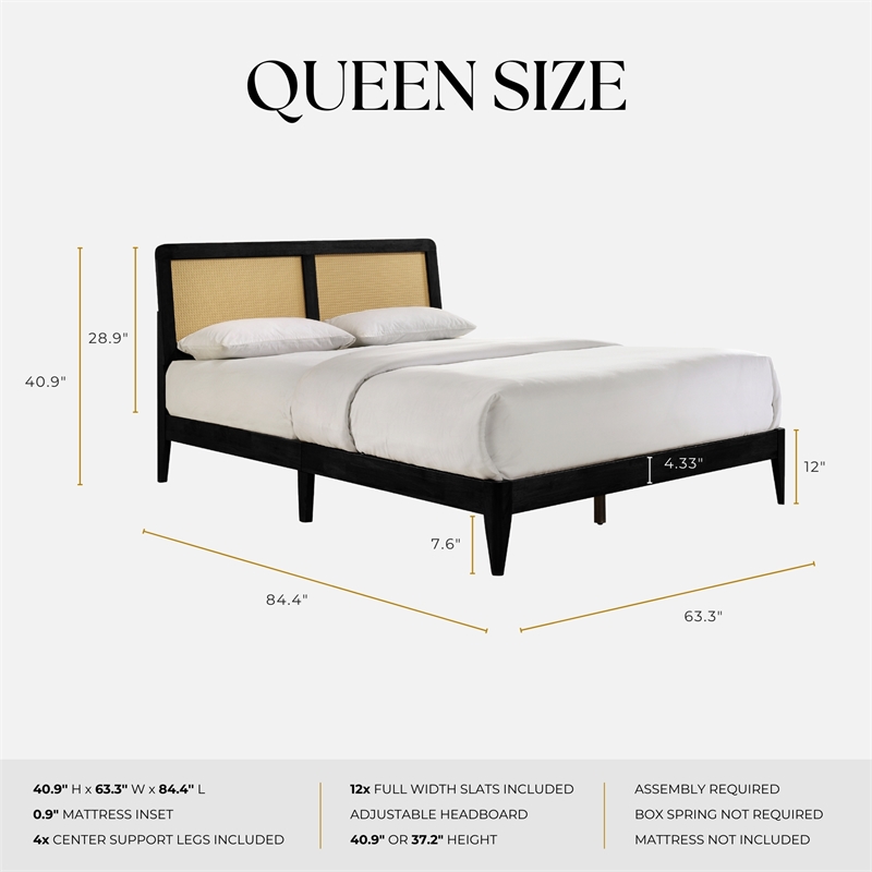 Omax Decor Liam Wooden Queen size Platform Bed with Rattan Headboard in Black