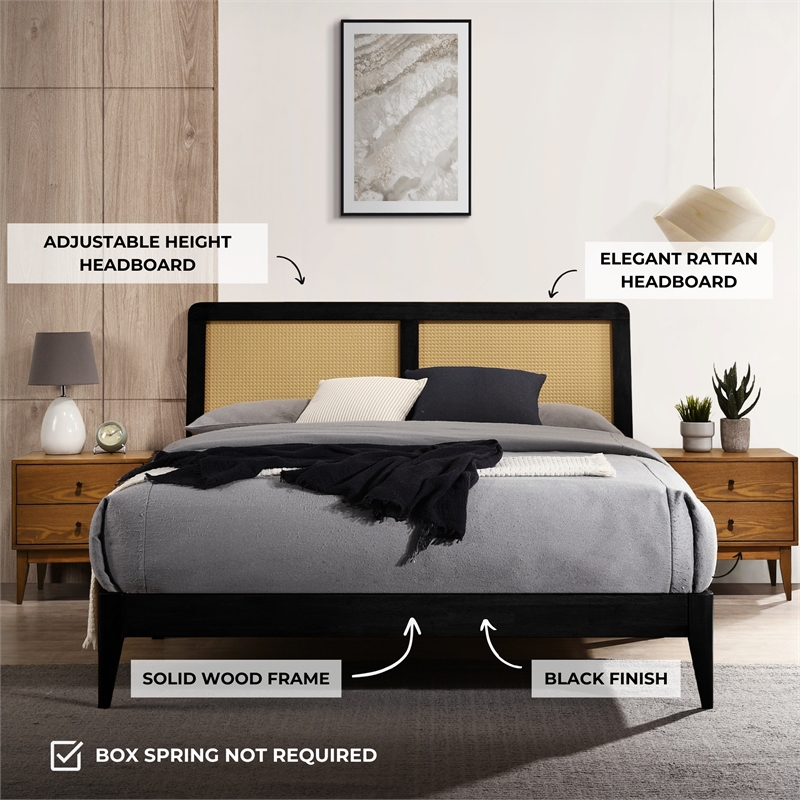 Omax Decor Liam Wooden Queen size Platform Bed with Rattan Headboard in Black