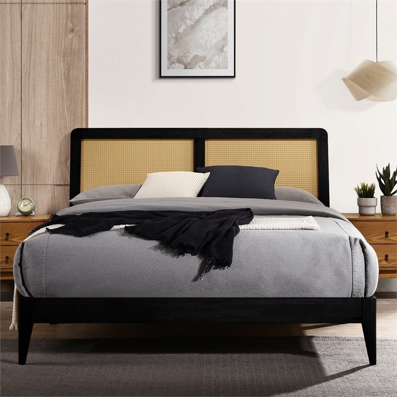 Omax Decor Liam Wooden Queen size Platform Bed with Rattan Headboard in Black