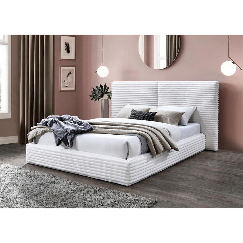 Omax Decor Lucia Fabric Upholstered Platform Queen Bed in White