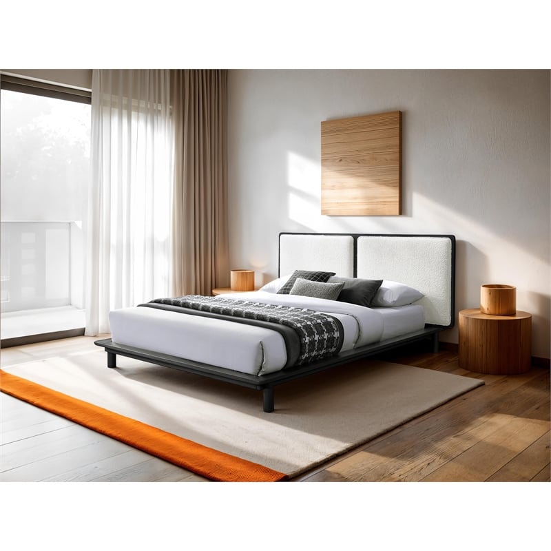 Omax Decor Nord Queen Size Wood Platform Bed in Black and Cream Beige Boucle