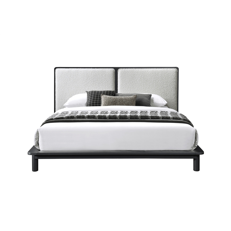 Omax Decor Nord Queen Size Wood Platform Bed in Black and Cream Beige Boucle