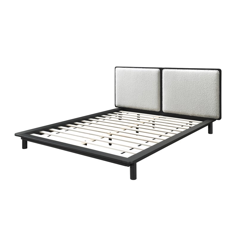 Omax Decor Nord Queen Size Wood Platform Bed in Black and Cream Beige Boucle