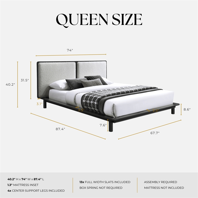Omax Decor Nord Queen Size Wood Platform Bed in Black and Cream Beige Boucle