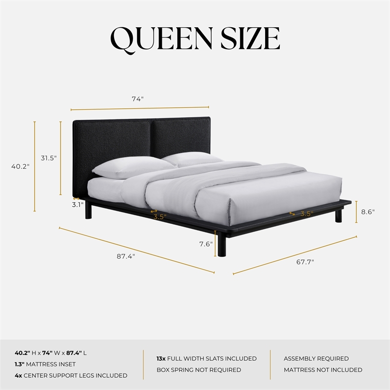 Omax Decor Nord Queen Size Wood Platform Bed in Black Frame and Black Boucle