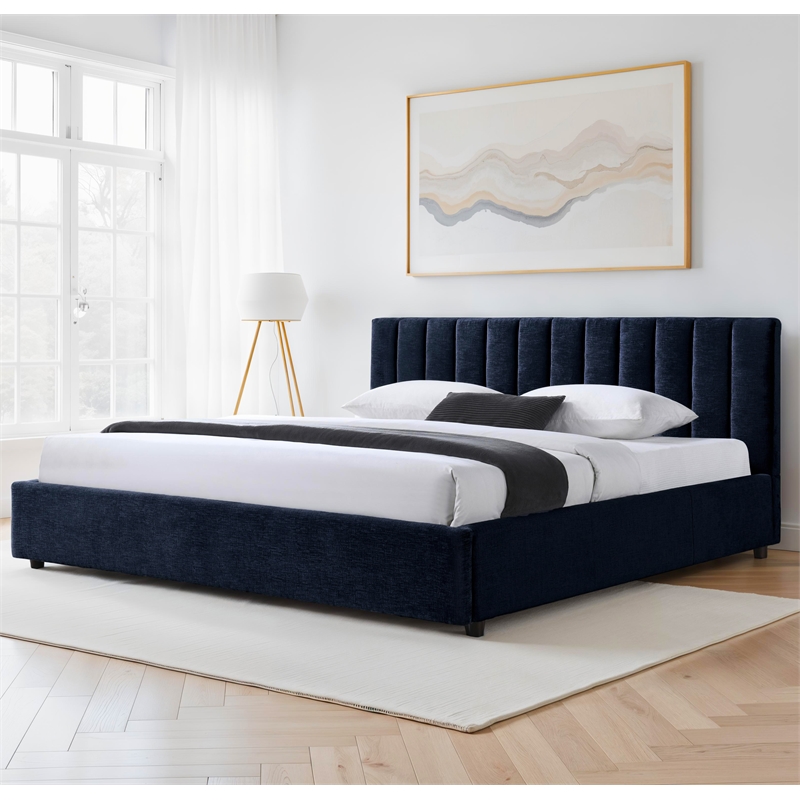 Omax Decor Jaxon Upholstered Platform King Bed in Blue Fabric