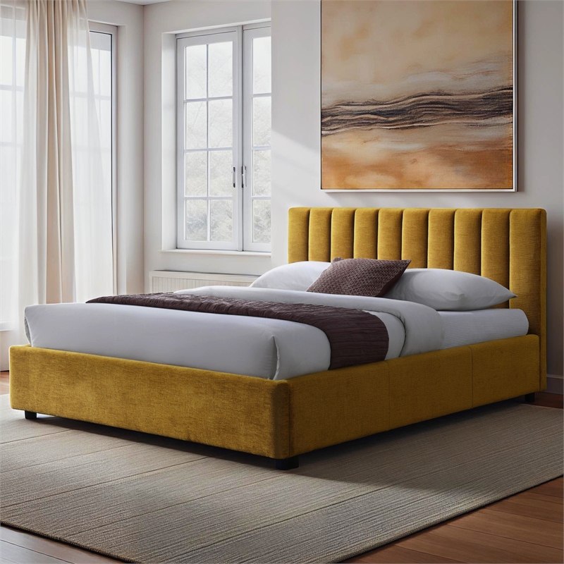 Omax Decor Jaxon Fabric Upholstered Platform Queen Bed in Gold
