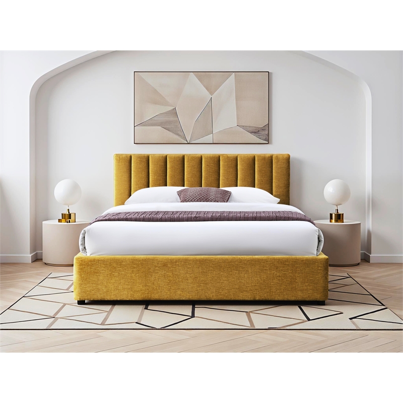 Omax Decor Jaxon Fabric Upholstered Platform Queen Bed in Gold