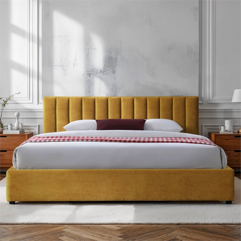 Omax Decor Jaxon Upholstered Platform King Bed in Gold Fabric