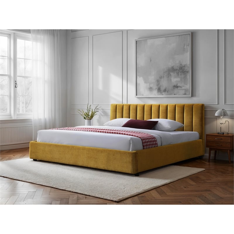 Omax Decor Jaxon Upholstered Platform King Bed in Gold Fabric