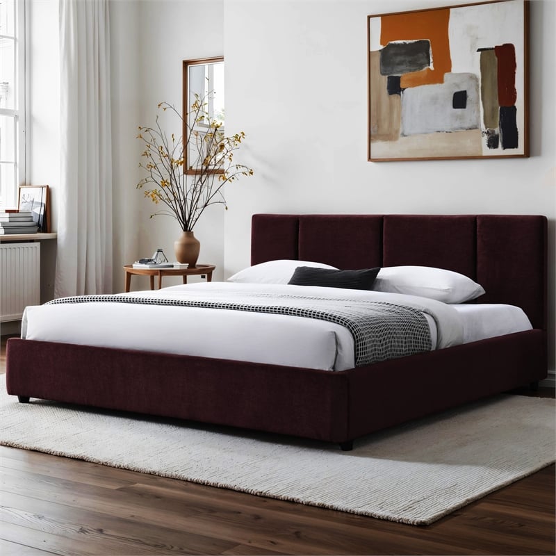 Omax Decor Venice Upholstered Platform King Bed in Burgundy Fabric