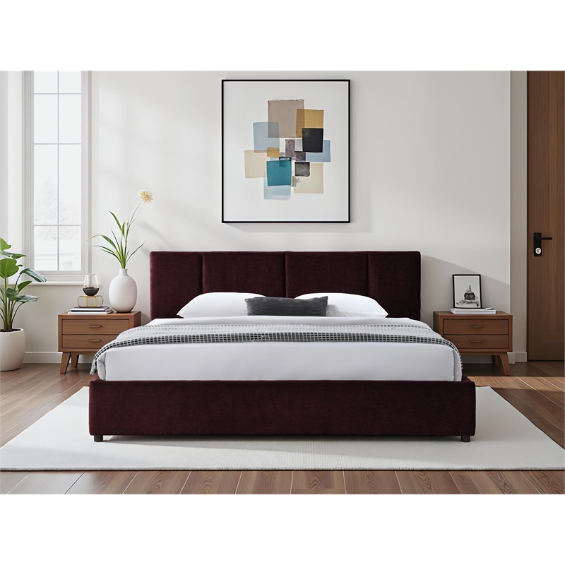 Omax Decor Venice Upholstered Platform King Bed in Burgundy Fabric