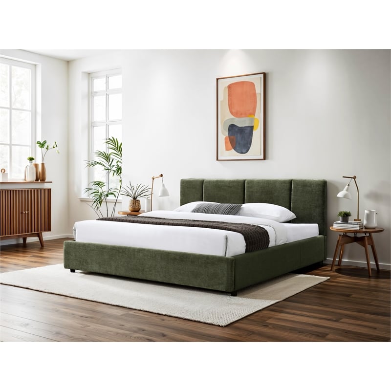 Omax Decor Venice Upholstered Platform King Bed in Moss Green Fabric