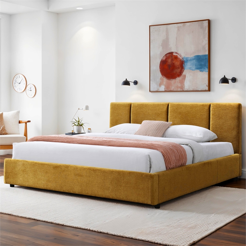 Omax Decor Venice Upholstered Platform King Bed in Gold Fabric
