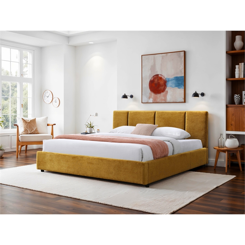 Omax Decor Venice Upholstered Platform King Bed in Gold Fabric