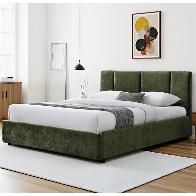 Omax Decor Venice Fabric Upholstered Platform Queen Bed in Moss Green