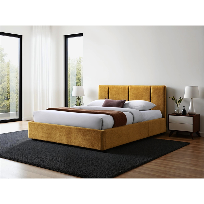 Omax Decor Venice Fabric Upholstered Platform Queen Bed in Gold
