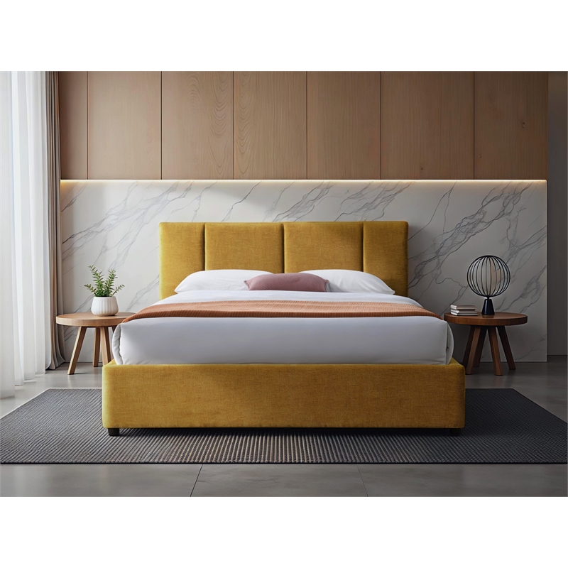 Omax Decor Venice Fabric Upholstered Platform Queen Bed in Gold