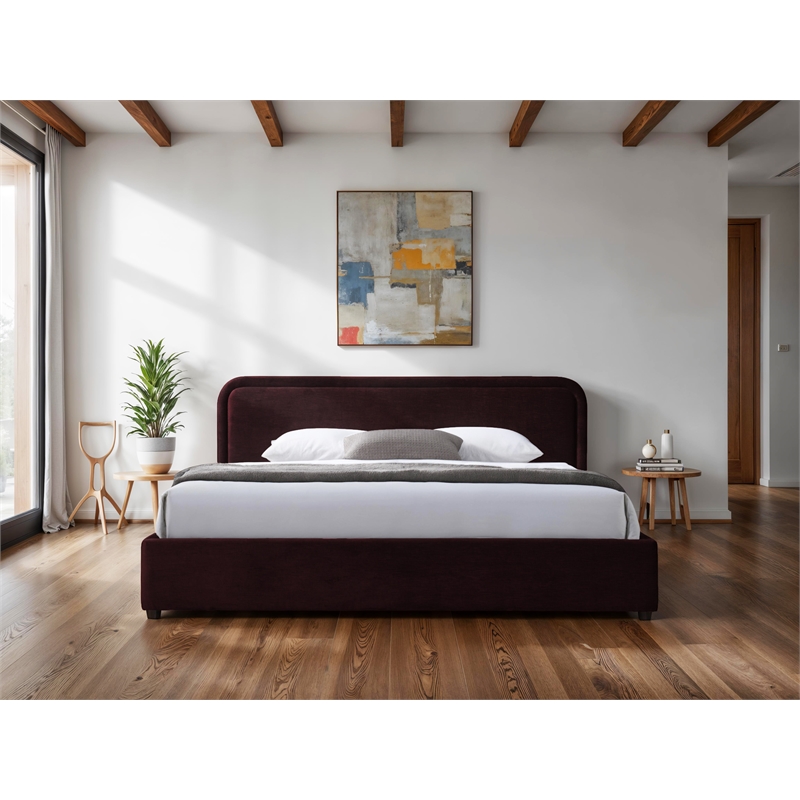 Omax Decor Chloe Upholstered Platform King Bed in Burgundy Fabric