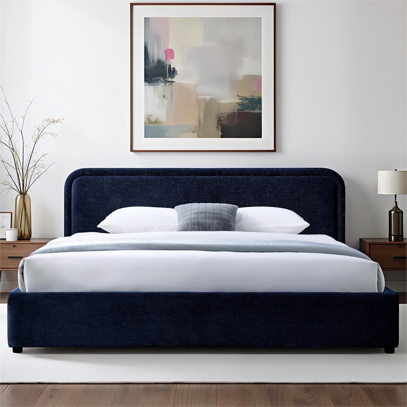 Omax Decor Chloe Upholstered Platform King Bed in Blue Fabric