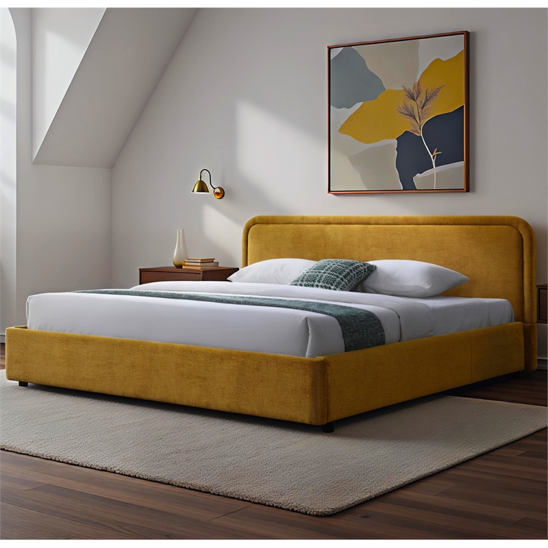 Omax Decor Chloe Upholstered Platform King Bed in Gold Fabric
