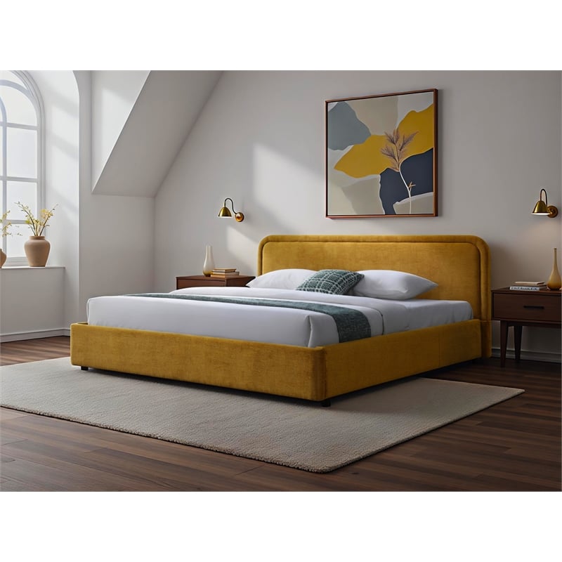 Omax Decor Chloe Upholstered Platform King Bed in Gold Fabric