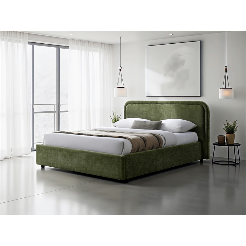 Omax Decor Chloe Fabric Upholstered Platform Queen Bed in Moss Green
