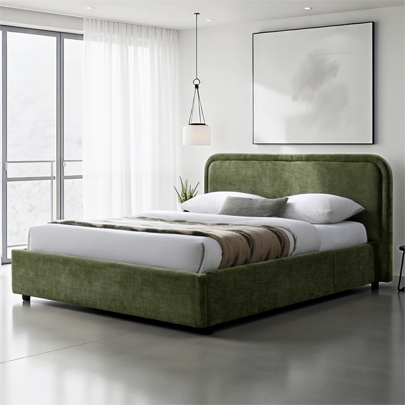 Omax Decor Chloe Fabric Upholstered Platform Queen Bed in Moss Green