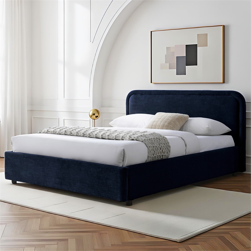Omax Decor Chloe Fabric Upholstered Platform Queen Bed in Blue