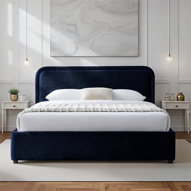 Omax Decor Chloe Fabric Upholstered Platform Queen Bed in Blue