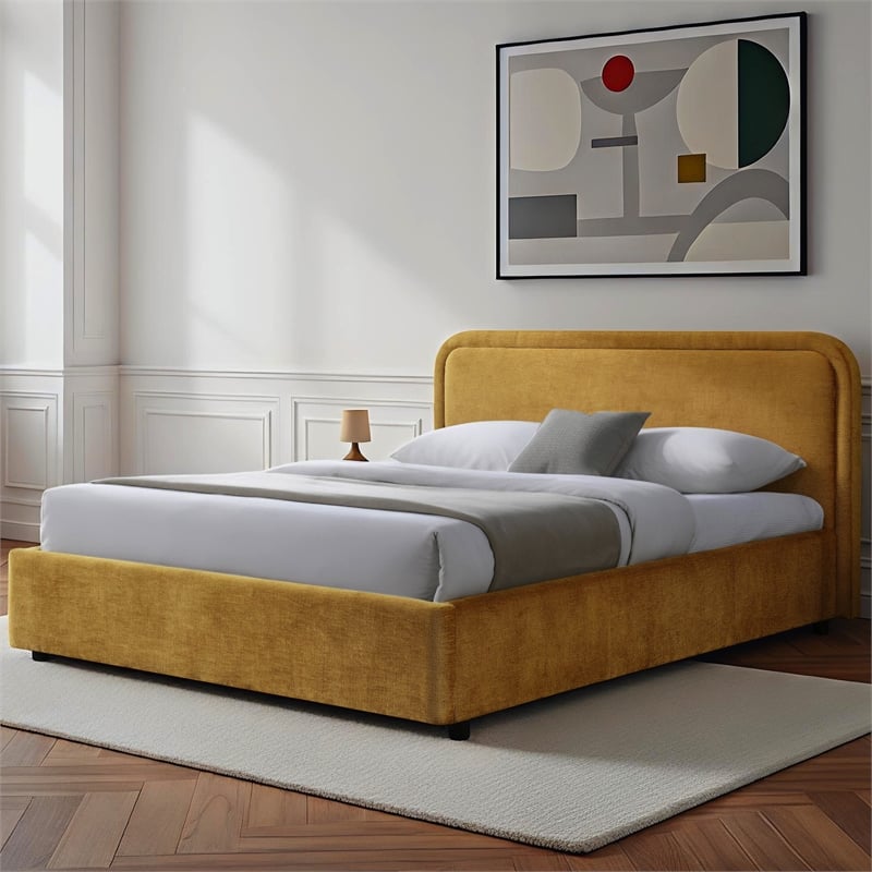 Omax Decor Chloe Fabric Upholstered Platform Queen Bed in Gold
