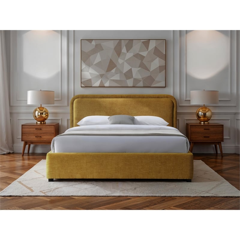 Omax Decor Chloe Fabric Upholstered Platform Queen Bed in Gold
