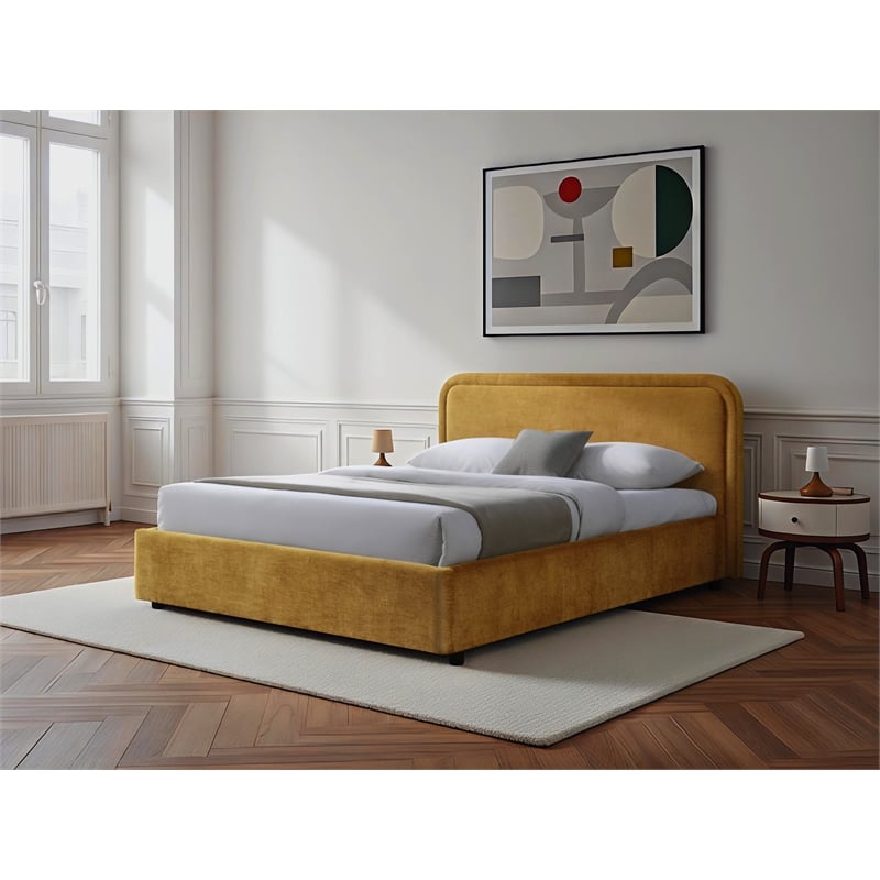 Omax Decor Chloe Fabric Upholstered Platform Queen Bed in Gold