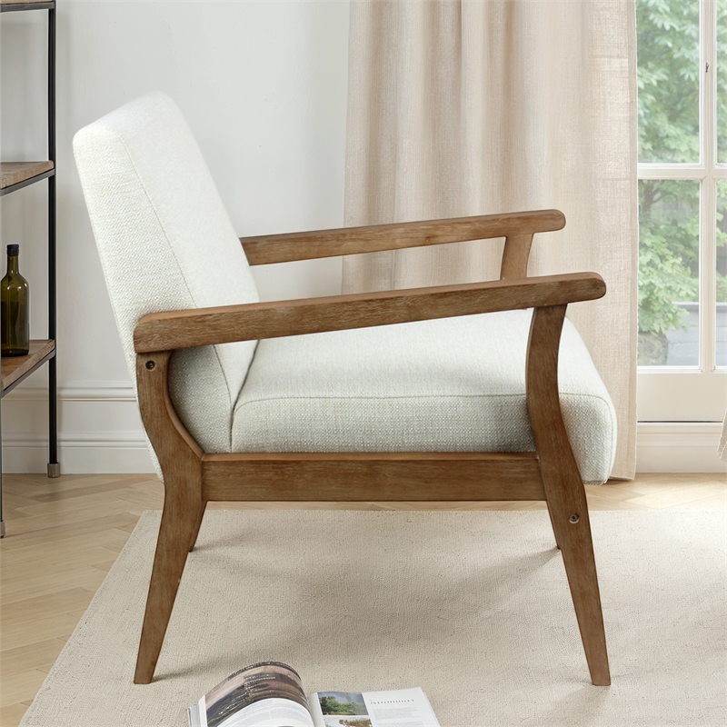 Archie Solid Wood and Fabric Upholstered Accent Armchair in Light Beige