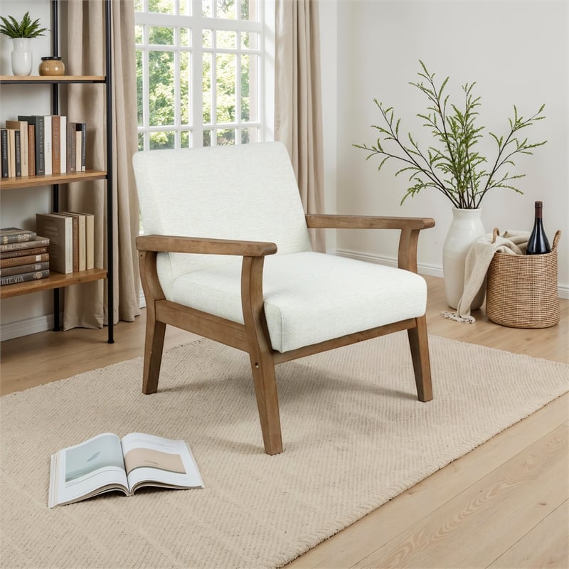 Archie Solid Wood and Fabric Upholstered Accent Armchair in Light Beige