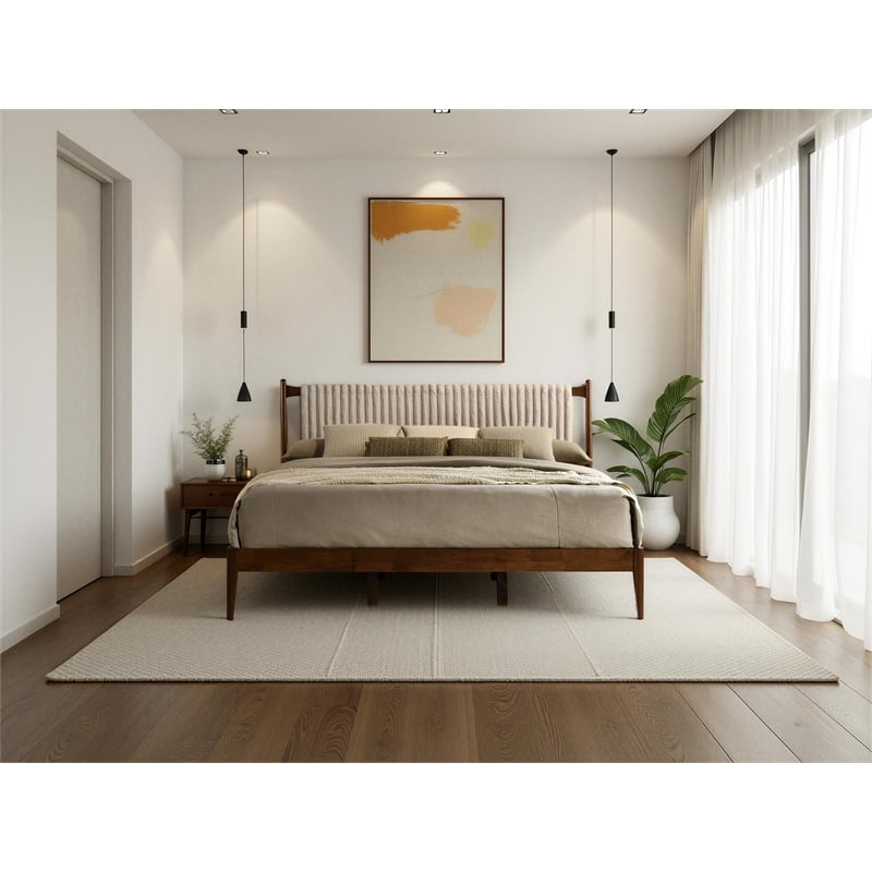 Omax Decor Ella Wooden King size Platform Bed in Walnut and Beige