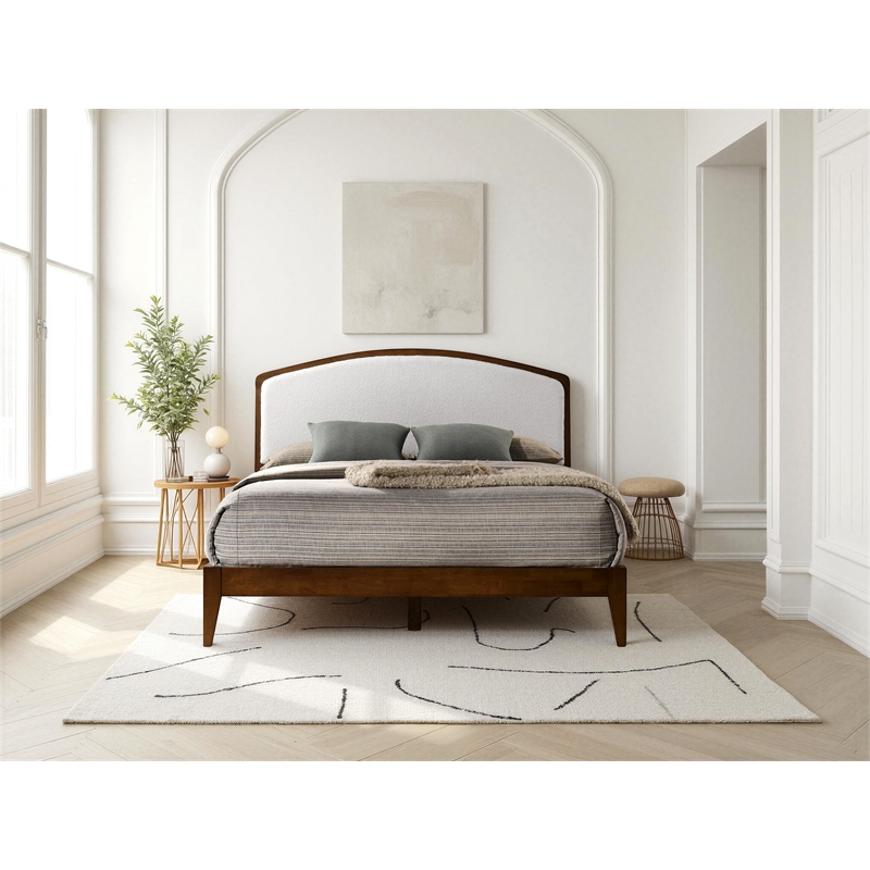 Omax Decor Grace Solid Wood Queen Platform Bed in Walnut and Cream White Boucle