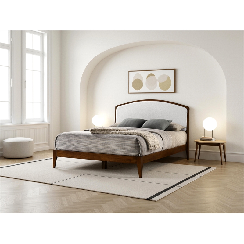 Omax Decor Grace Solid Wood Queen Platform Bed in Walnut and Cream White Boucle