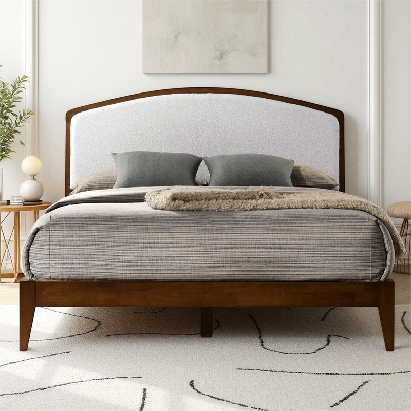 Omax Decor Grace Solid Wood Queen Platform Bed in Walnut and Cream White Boucle