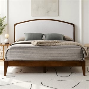 Omax Decor Grace Solid Wood Queen Platform Bed in Walnut and Cream White Boucle