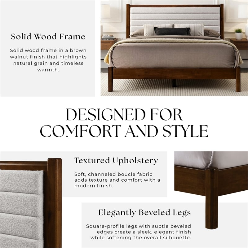 Omax Decor Madeline Wooden Queen Platform Bed in Walnut and Cream White Boucle