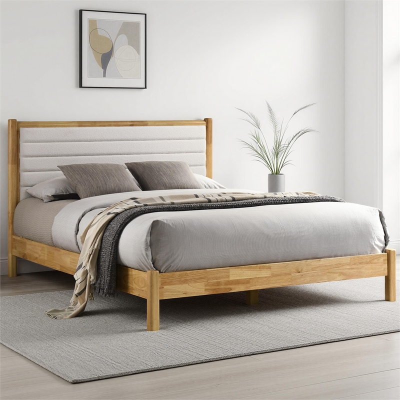 Omax Decor Madeline Wooden Queen Platform Bed in Natural and Cream White Boucle